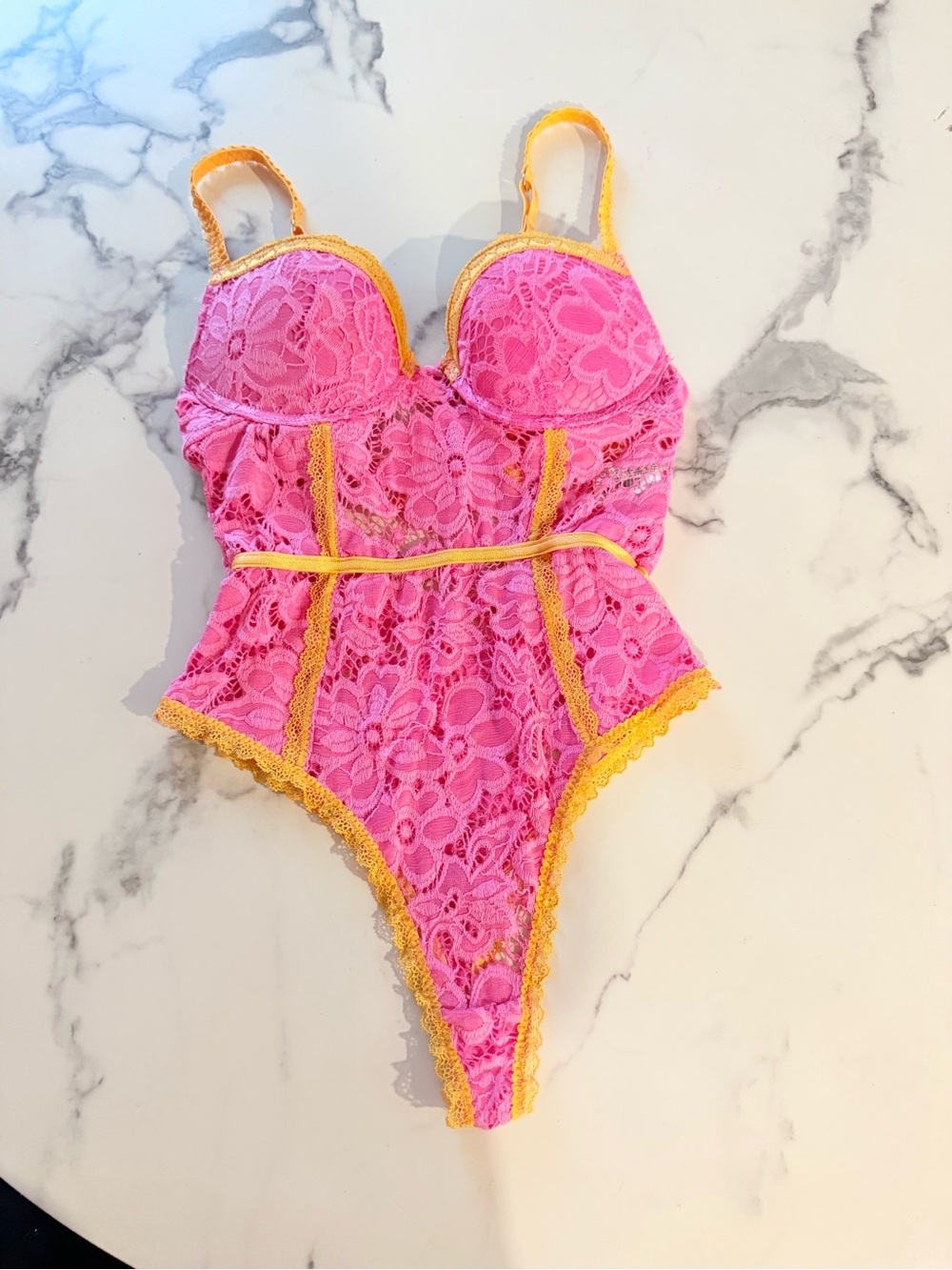 Forever 21 Pink Lace Bodysuit with Yellow Trim